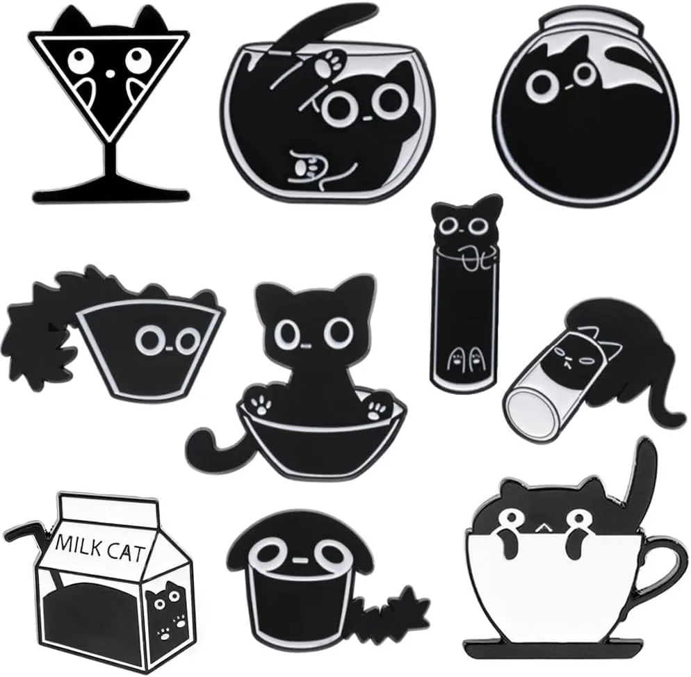 10 Pcs Black Cat Enamel Pin Set Cute Kawaii Cat Brooches for Backpack Hat Jackets Bag Clothes Accessories Men Women Gifts