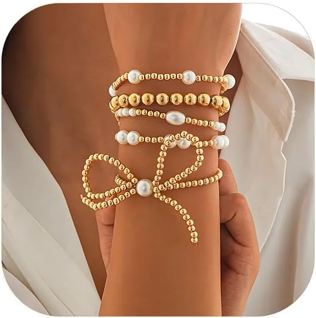 14K Gold Plated Bow Bracelets for Women Gold Beaded Bracelets Adjustable Stack Bead Ball Bracelet Gold Pearl Beaded Stackable Bracelets