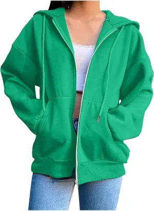 2024 Fall Trendy Hoodie Oversized Solid Long Sleeve Full Zip Up Casual Drawstring Hooded Jacket Loose Open Front Coat