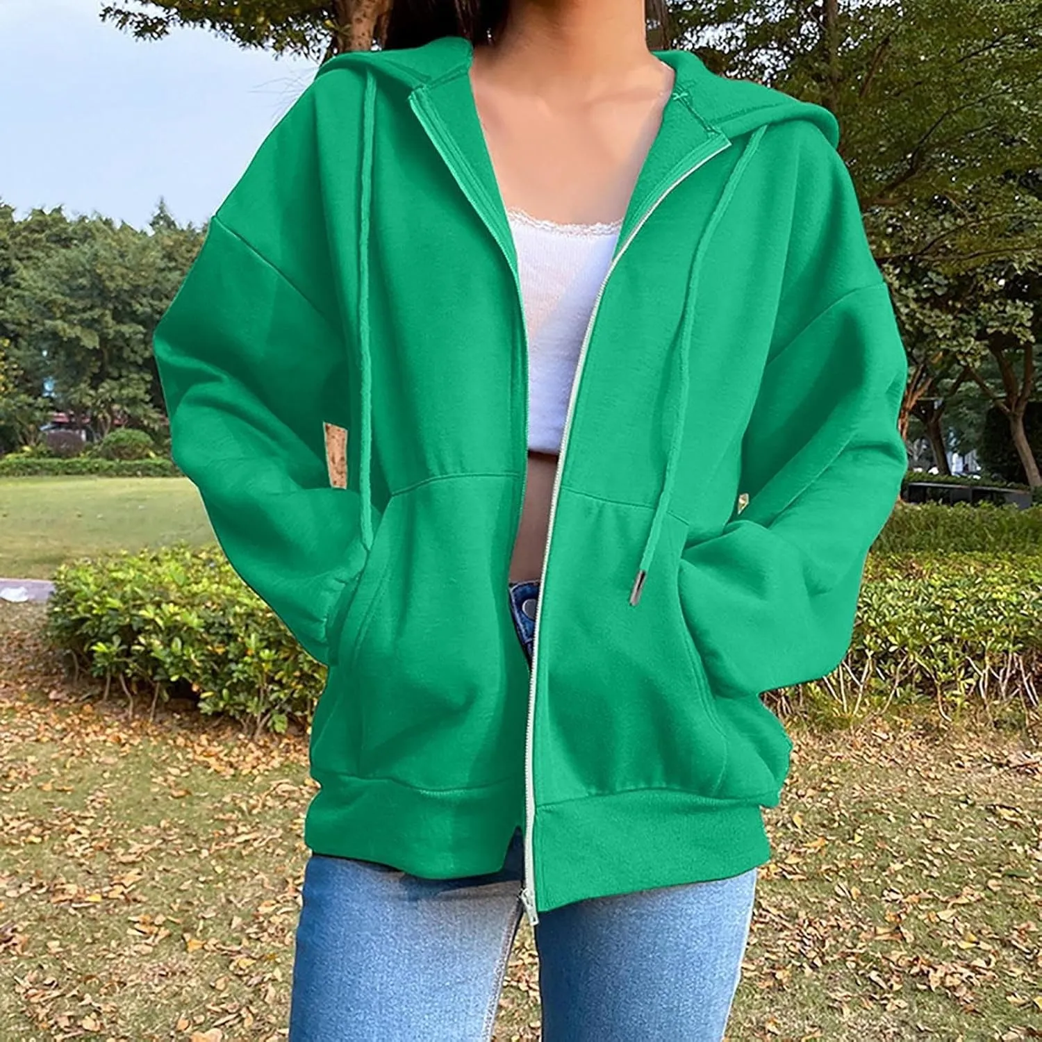 2024 Fall Trendy Hoodie Oversized Solid Long Sleeve Full Zip Up Casual Drawstring Hooded Jacket Loose Open Front Coat