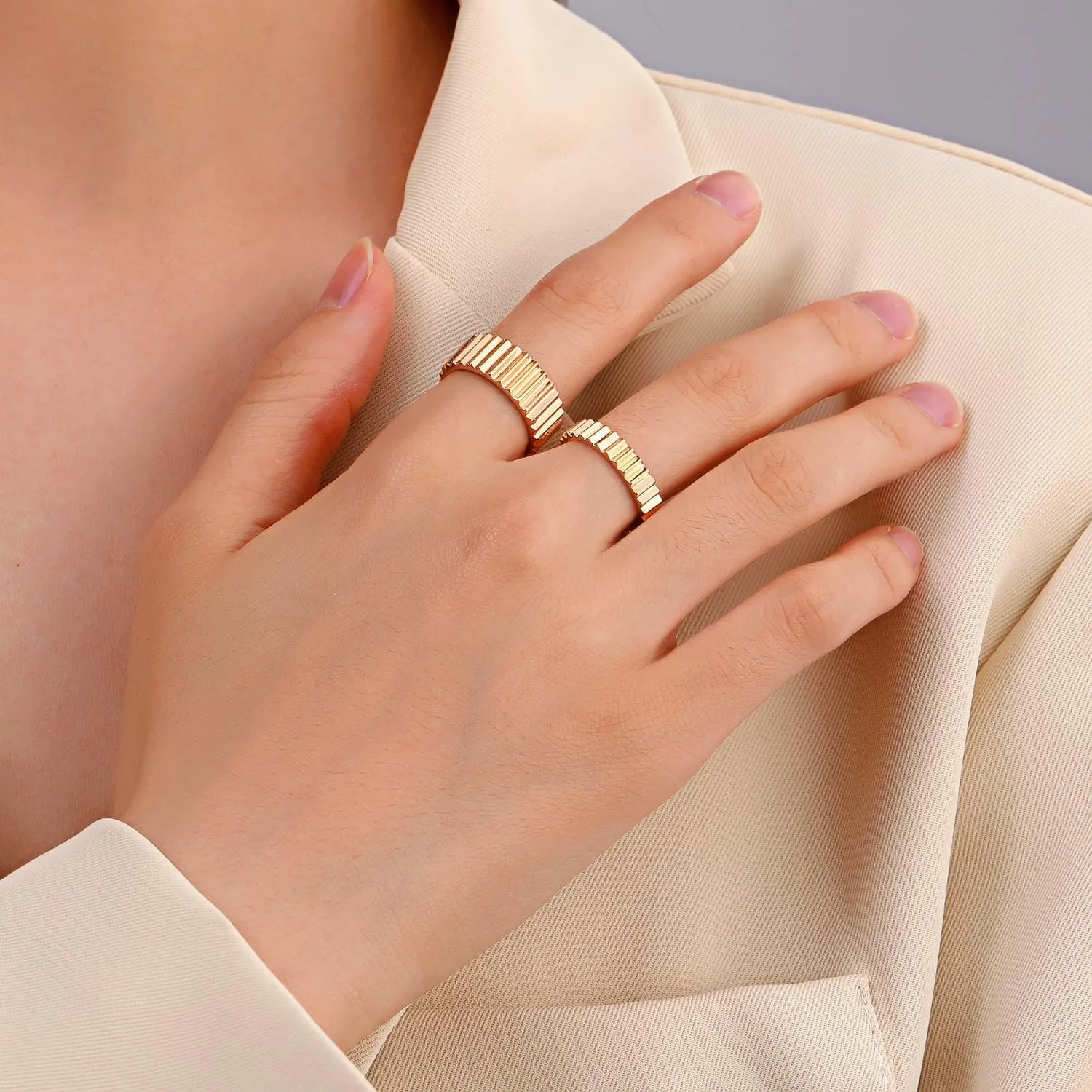 2PCS Minimalist Wide and Narrow Gear Rings, Geometric Adjustable Index Finger Rings for Men and Women, Unique Couple Matching Rings SetGold