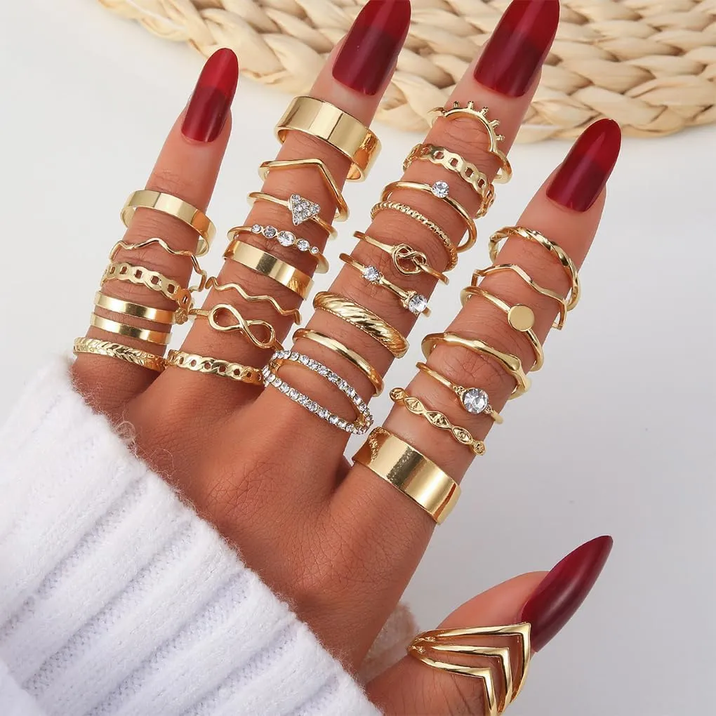 30Pcs Gold Stack Layered Knuckle Rings Set for Women,Simple Geometric Chunky Thumb Rings,Crystal Wave Infinity Midi Rings Pack Birthday Holiday Gifts