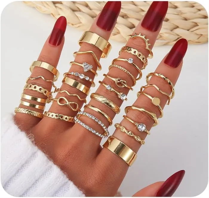 30Pcs Gold Stack Layered Knuckle Rings Set for Women,Simple Geometric Chunky Thumb Rings,Crystal Wave Infinity Midi Rings Pack Birthday Holiday Gifts