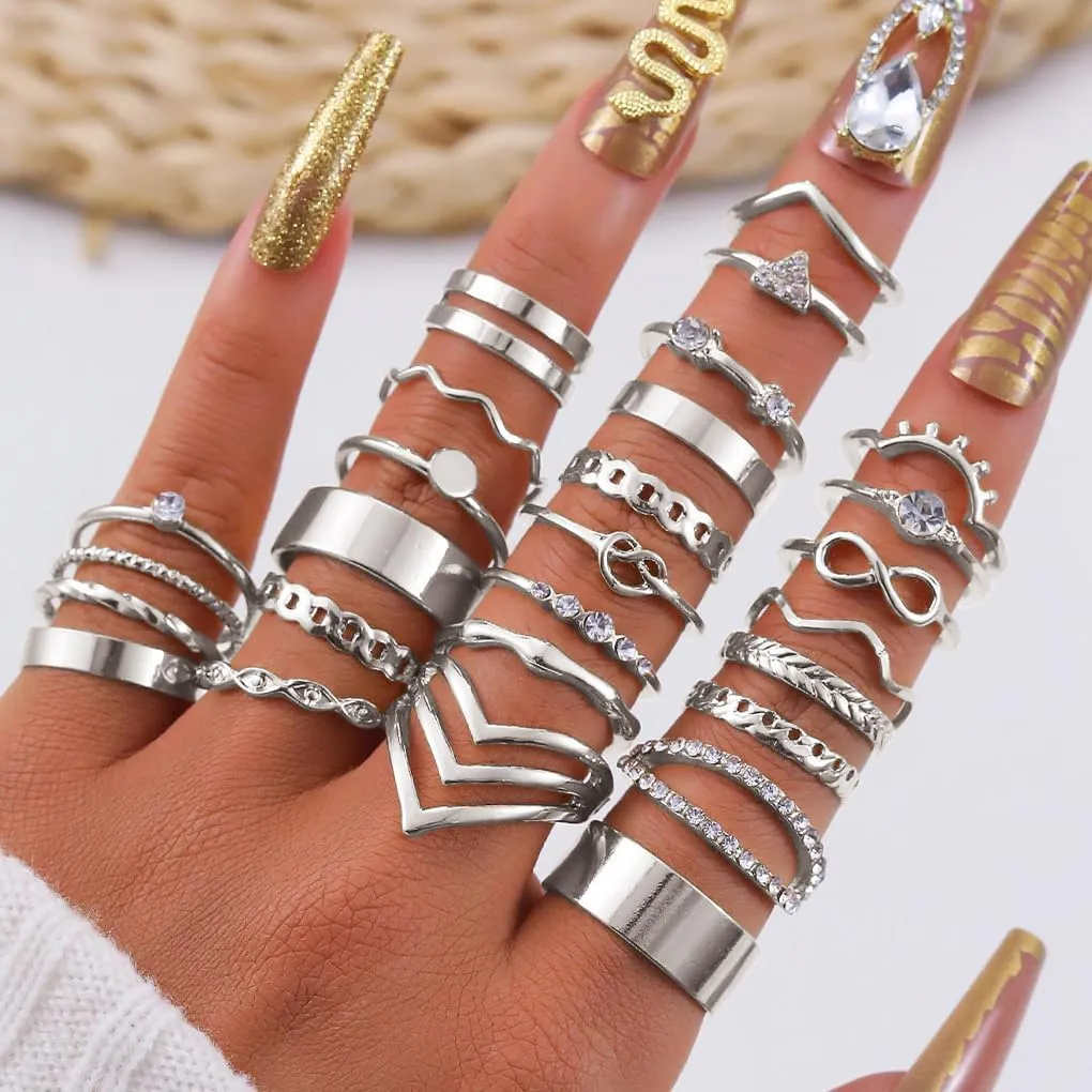 30Pcs Gold Stack Layered Knuckle Rings Set for Women,Simple Geometric Chunky Thumb Rings,Crystal Wave Infinity Midi Rings Pack Birthday Holiday Gifts