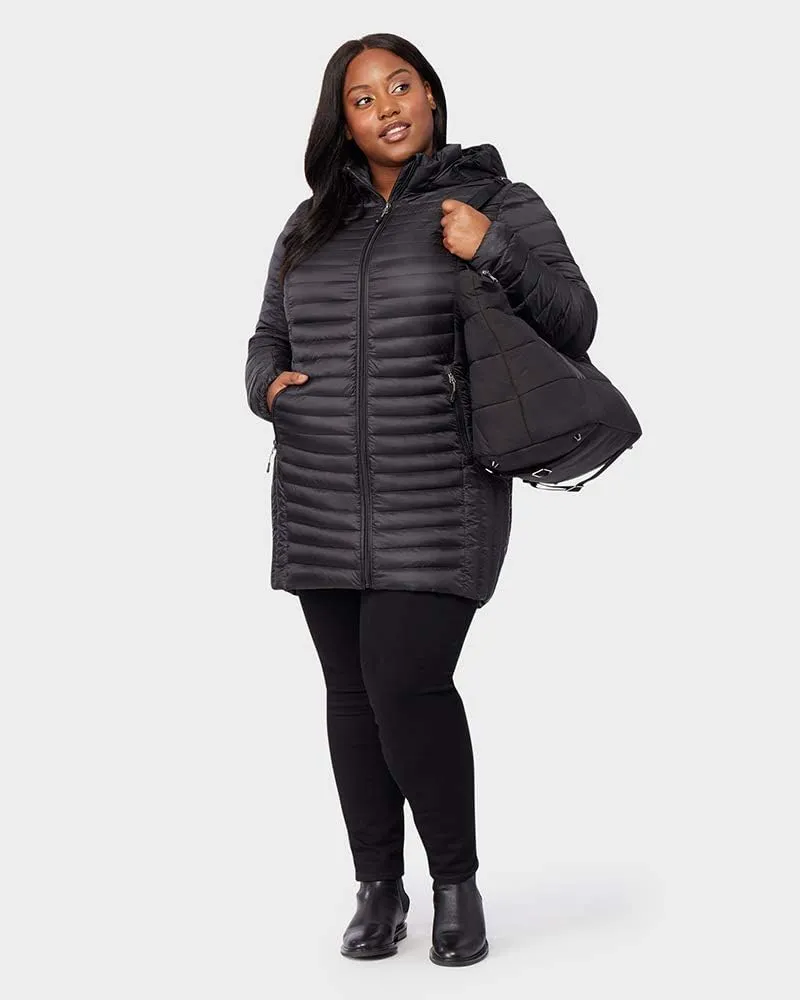 32 Degrees Women's 3/4 Ultra-Light Down Jacket| Slim Fit | Detachable Hood | Water Repellant