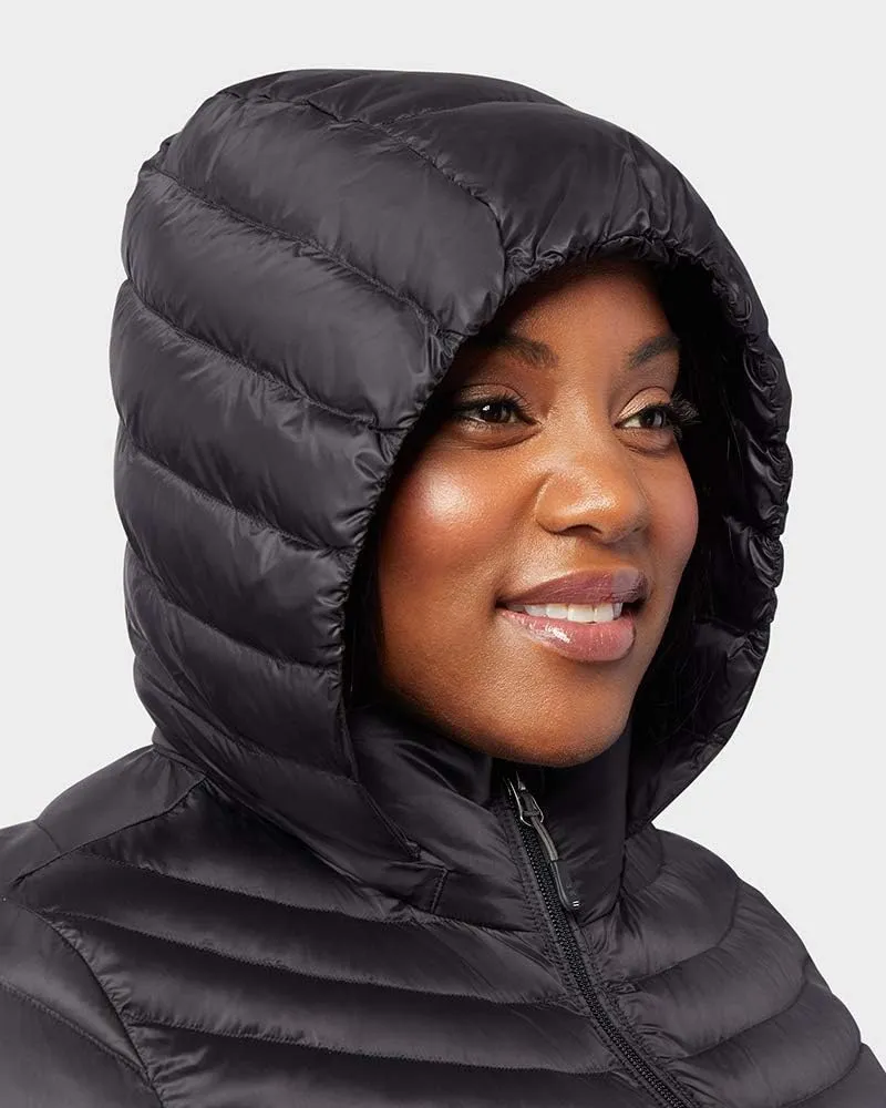 32 Degrees Women's 3/4 Ultra-Light Down Jacket| Slim Fit | Detachable Hood | Water Repellant