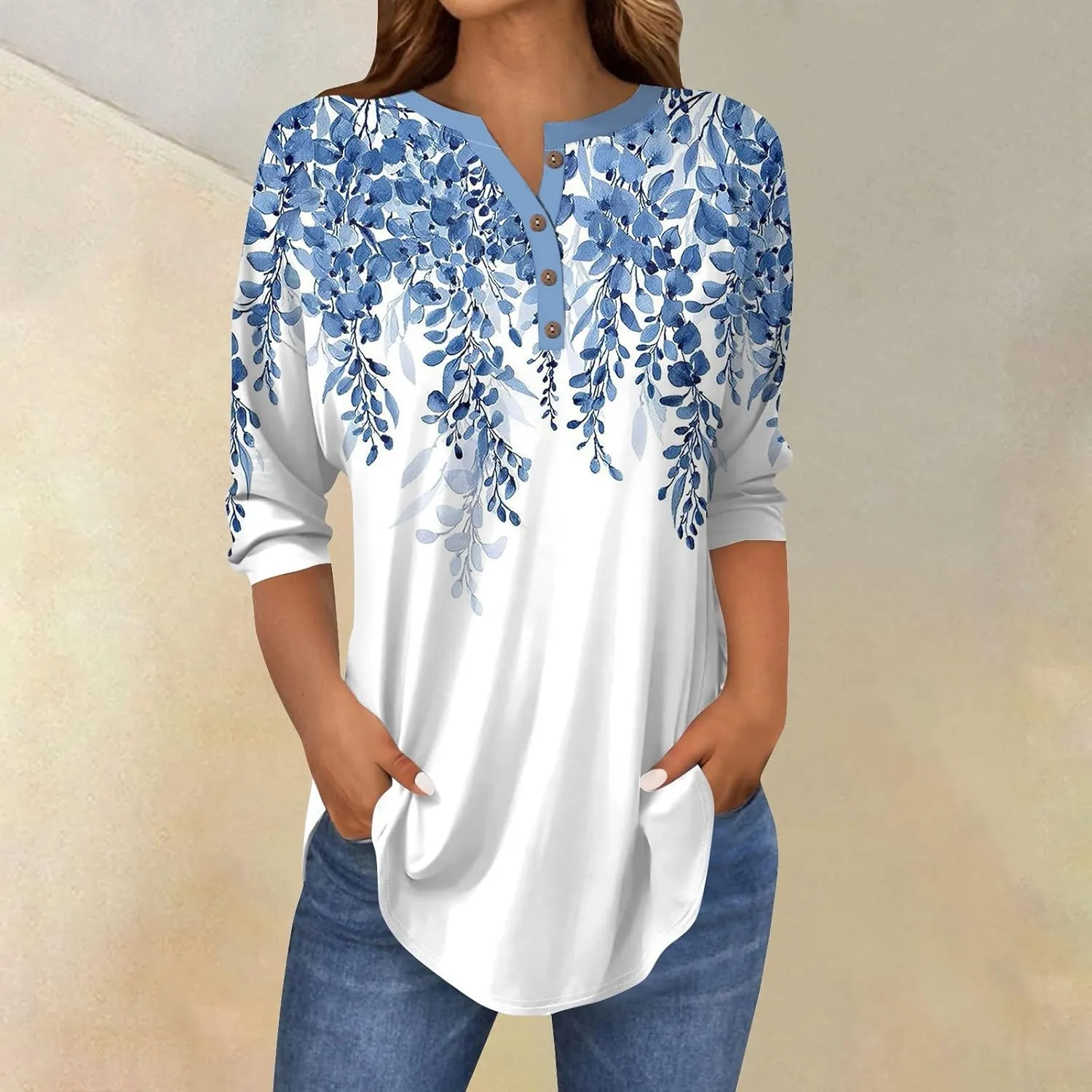 3/4 Length Sleeve Womens Tops 2025 Spring Summer Henley Neck Trendy Shirts Loose Fit Dressy Casual Blouses