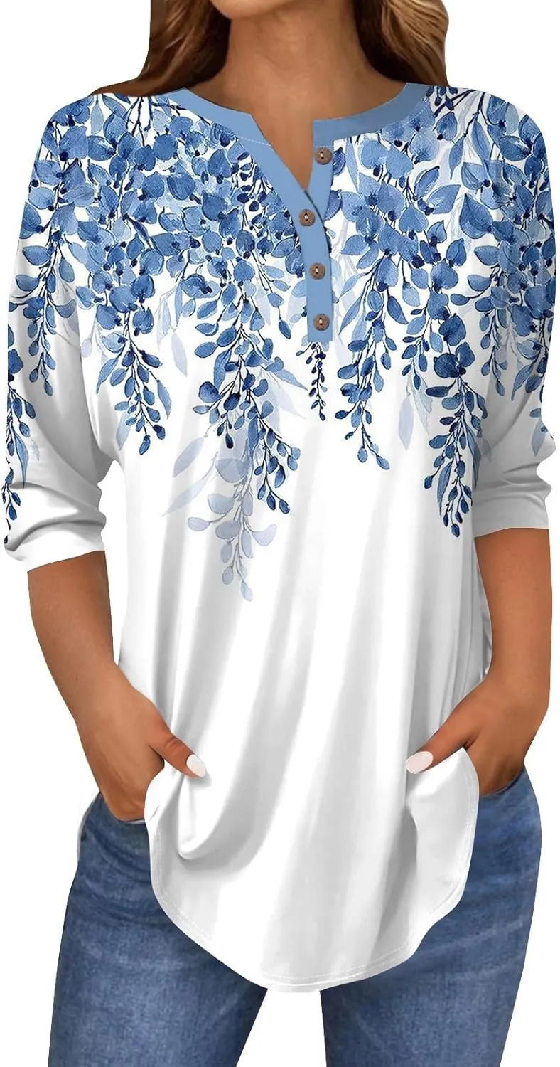 3/4 Length Sleeve Womens Tops 2025 Spring Summer Henley Neck Trendy Shirts Loose Fit Dressy Casual Blouses