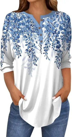 3/4 Length Sleeve Womens Tops 2025 Spring Summer Henley Neck Trendy Shirts Loose Fit Dressy Casual Blouses