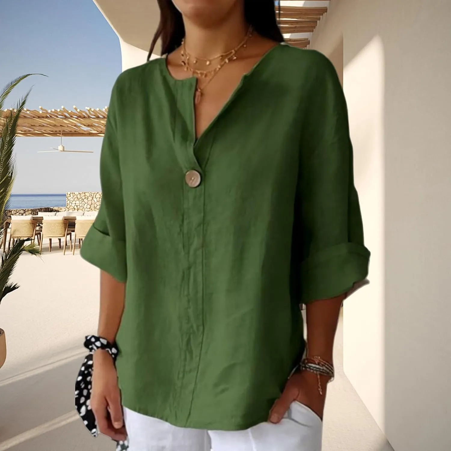 3/4 Length Sleeve Womens Tops Summer Button Down V Neck Cotton Linen Shirts Trendy Going Out Casual Tunics Blouses