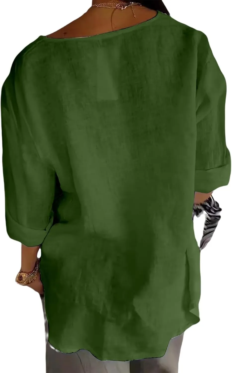 3/4 Length Sleeve Womens Tops Summer Button Down V Neck Cotton Linen Shirts Trendy Going Out Casual Tunics Blouses