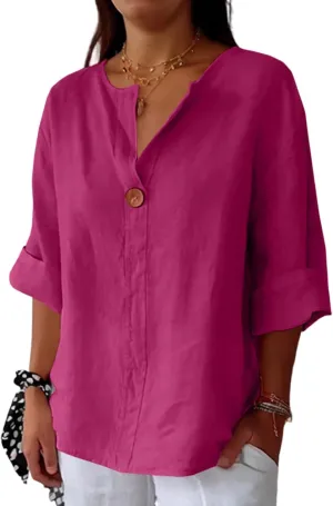 3/4 Length Sleeve Womens Tops Summer Button Down V Neck Cotton Linen Shirts Trendy Going Out Casual Tunics Blouses