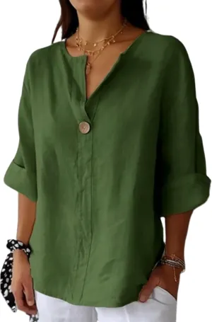 3/4 Length Sleeve Womens Tops Summer Button Down V Neck Cotton Linen Shirts Trendy Going Out Casual Tunics Blouses