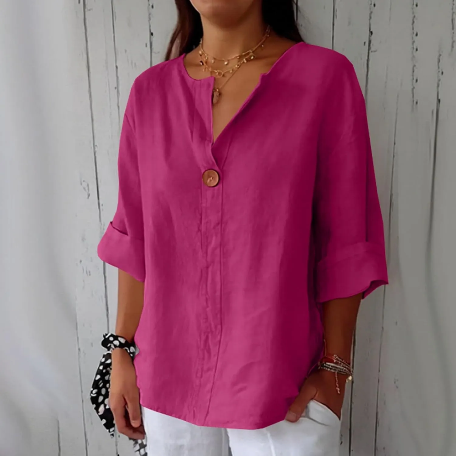 3/4 Length Sleeve Womens Tops Summer Button Down V Neck Cotton Linen Shirts Trendy Going Out Casual Tunics Blouses