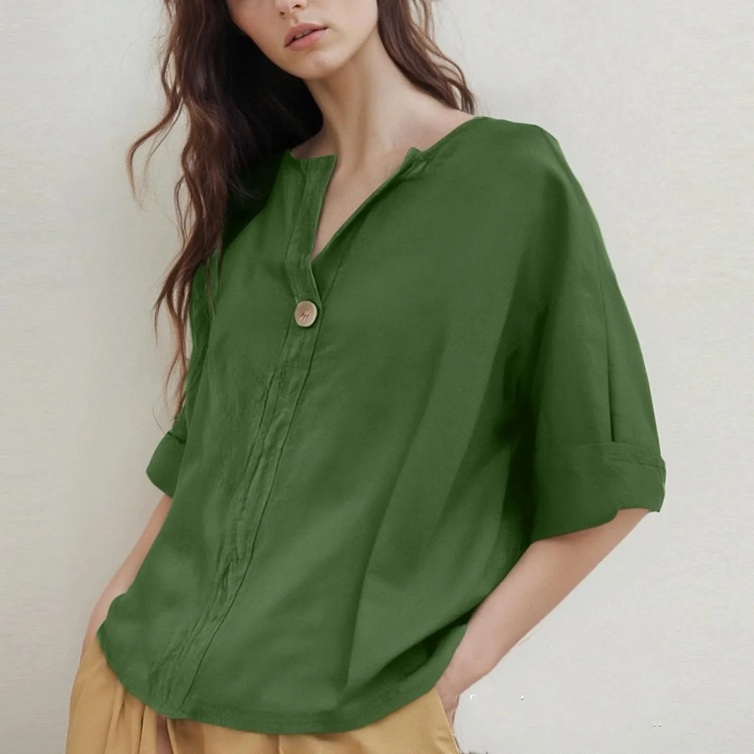 3/4 Length Sleeve Womens Tops Summer Button Down V Neck Cotton Linen Shirts Trendy Going Out Casual Tunics Blouses
