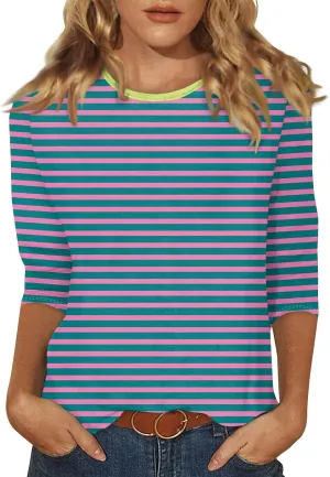 3/4 Length Sleeve Womens Tops Summer Three Quarter Striped Shirts Dressy Casual Printed Tunic Tops Women Blouses