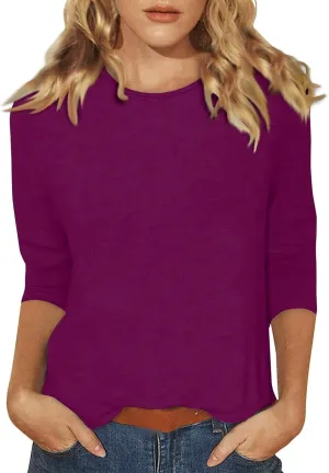 3/4 Sleeve Shirts for Women Round Neck Elbow Length Three Quarter Sleeve Basic Tunic Tops Dressy Casual