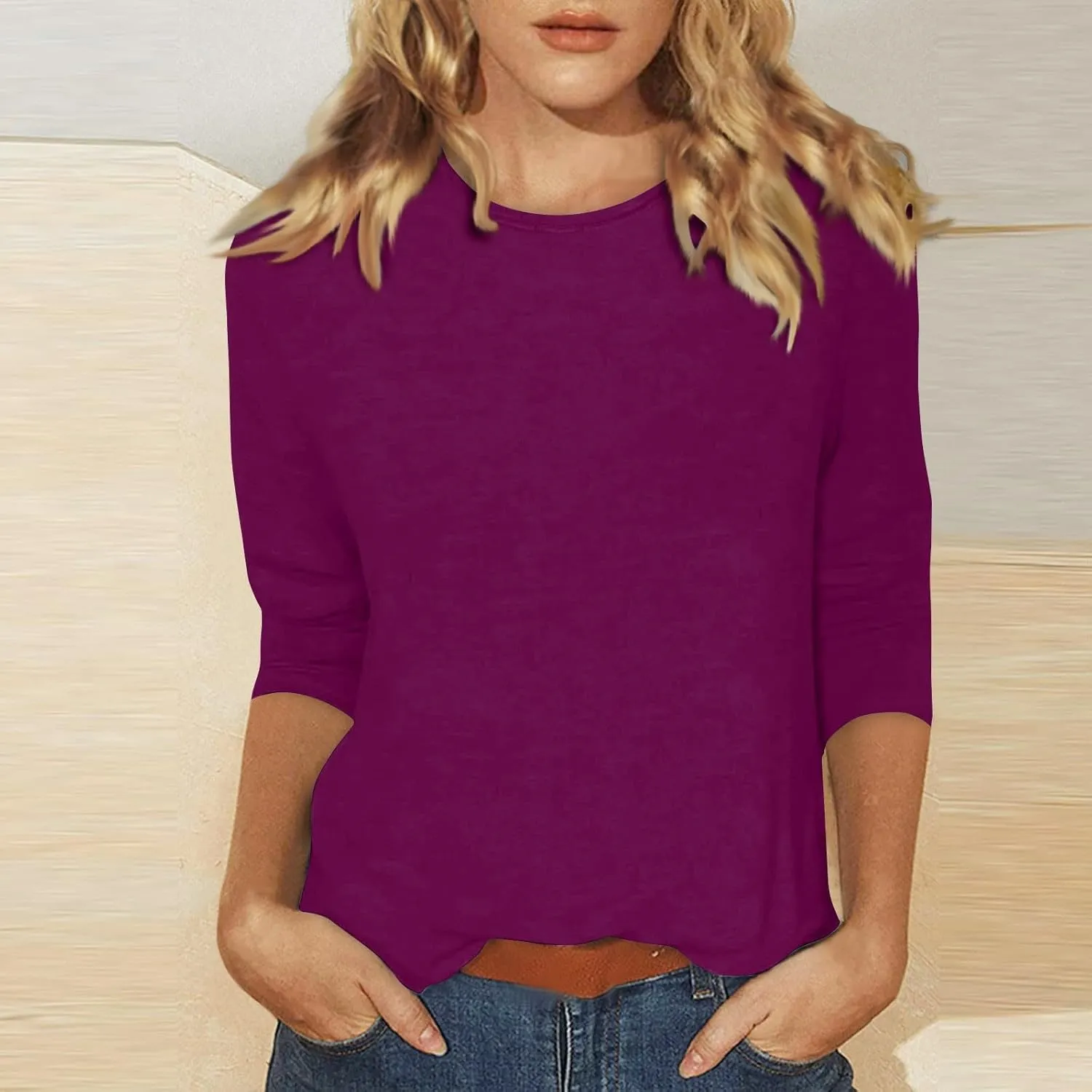 3/4 Sleeve Shirts for Women Round Neck Elbow Length Three Quarter Sleeve Basic Tunic Tops Dressy Casual