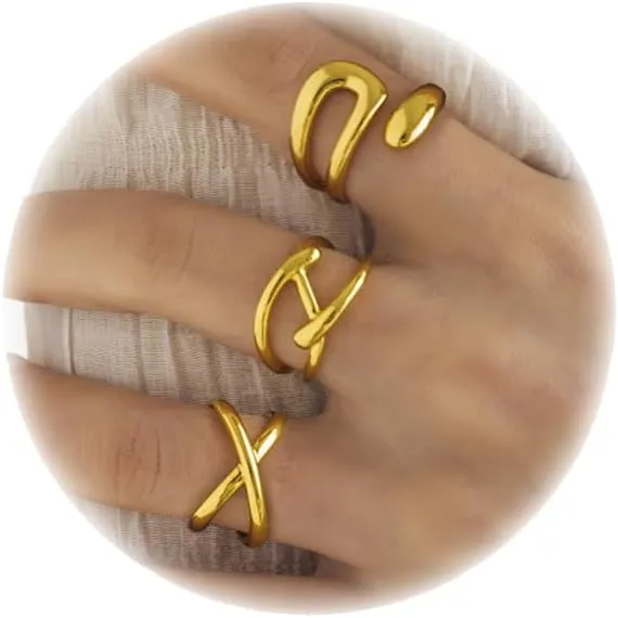 3PCS Chunky Gold Rings Adjustable Irregular Textured Statement Rings Open Chunky Silver Rings Thick Geometric Rings for Women Minimalist Simple Rings