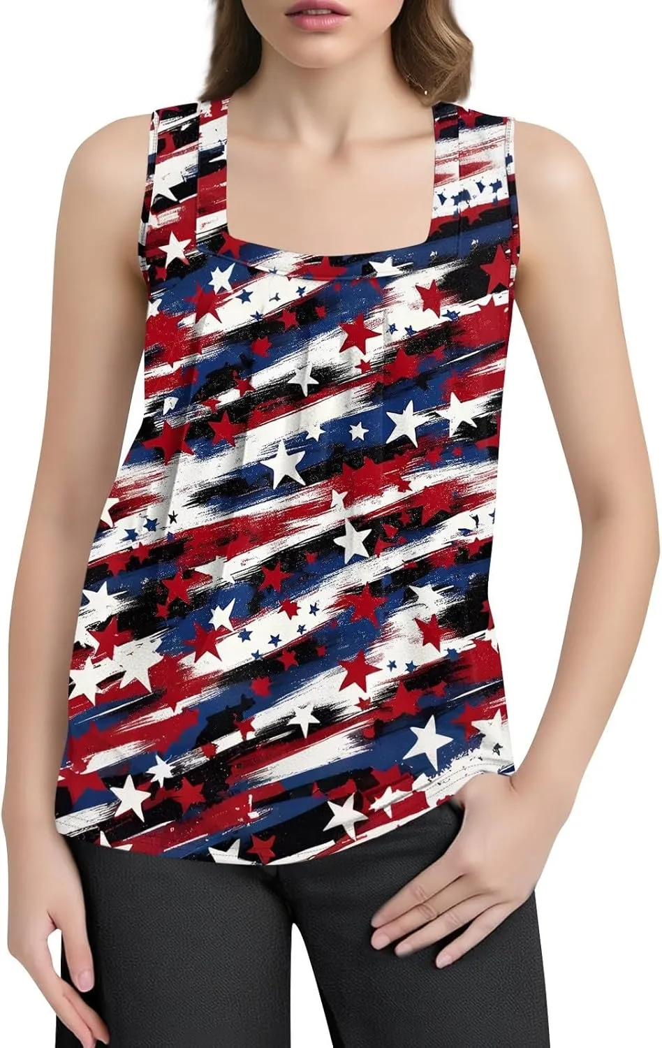 4Th of July Tank Tops for Women Ruffled Square Neck Loose Fit American Flag Tank Top Sleeveless Festival Outfits