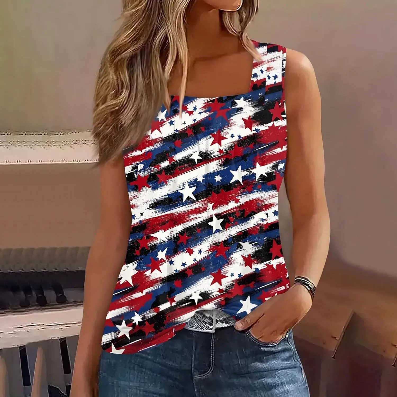 4Th of July Tank Tops for Women Ruffled Square Neck Loose Fit American Flag Tank Top Sleeveless Festival Outfits
