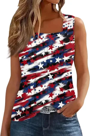 4Th of July Tank Tops for Women Ruffled Square Neck Loose Fit American Flag Tank Top Sleeveless Festival Outfits