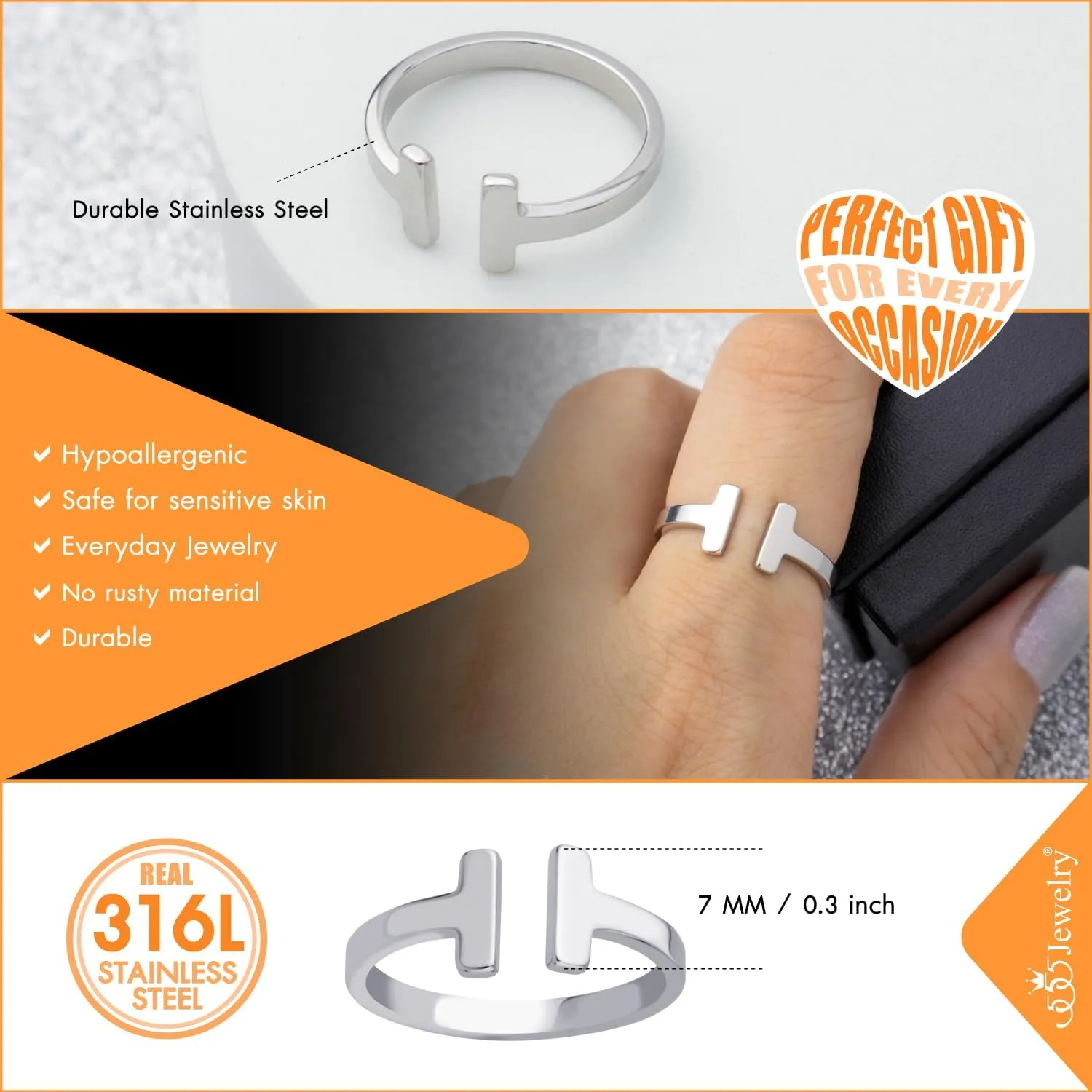 555Jewelry Stainless Steel Rings for Women Double Bar Ring Statement Pinky Promise Ring Jewelry Silver and Gold Rings Wedding Engagement Open Band Ring | US Ring Size 6-8
