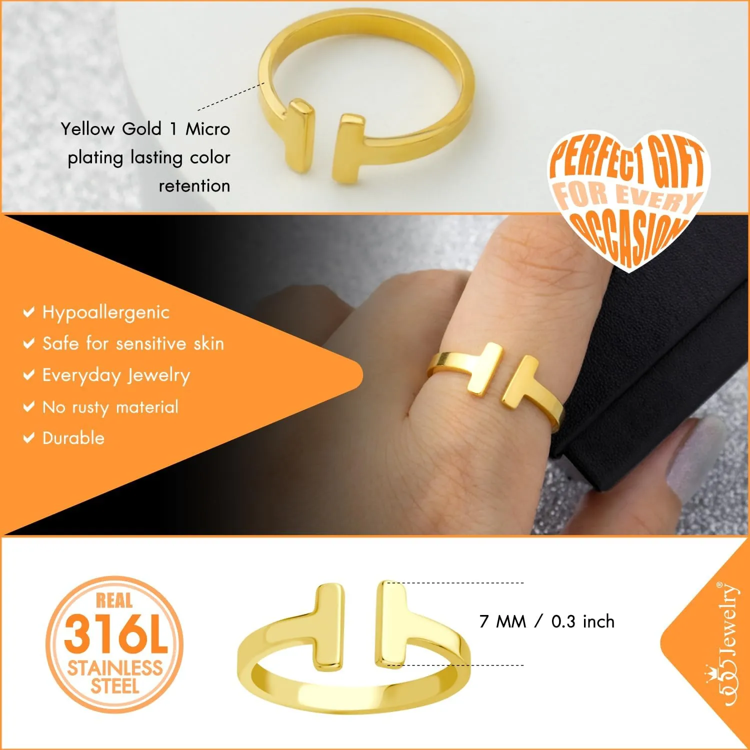 555Jewelry Stainless Steel Rings for Women Double Bar Ring Statement Pinky Promise Ring Jewelry Silver and Gold Rings Wedding Engagement Open Band Ring | US Ring Size 6-8