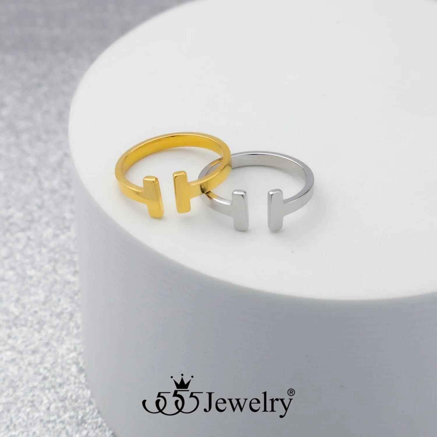 555Jewelry Stainless Steel Rings for Women Double Bar Ring Statement Pinky Promise Ring Jewelry Silver and Gold Rings Wedding Engagement Open Band Ring | US Ring Size 6-8