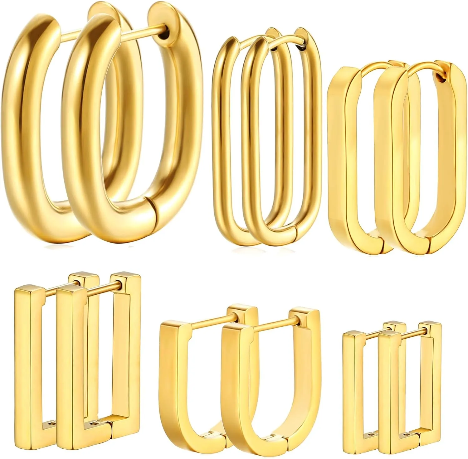 6 Pairs Stainless Steel Earrings Hoop Hypoallergenic Geometric Square Rectangle Huggies Hoops Piercing Hoop Earrings Set Gifts for Women, 6 Styles(Golden Plated)