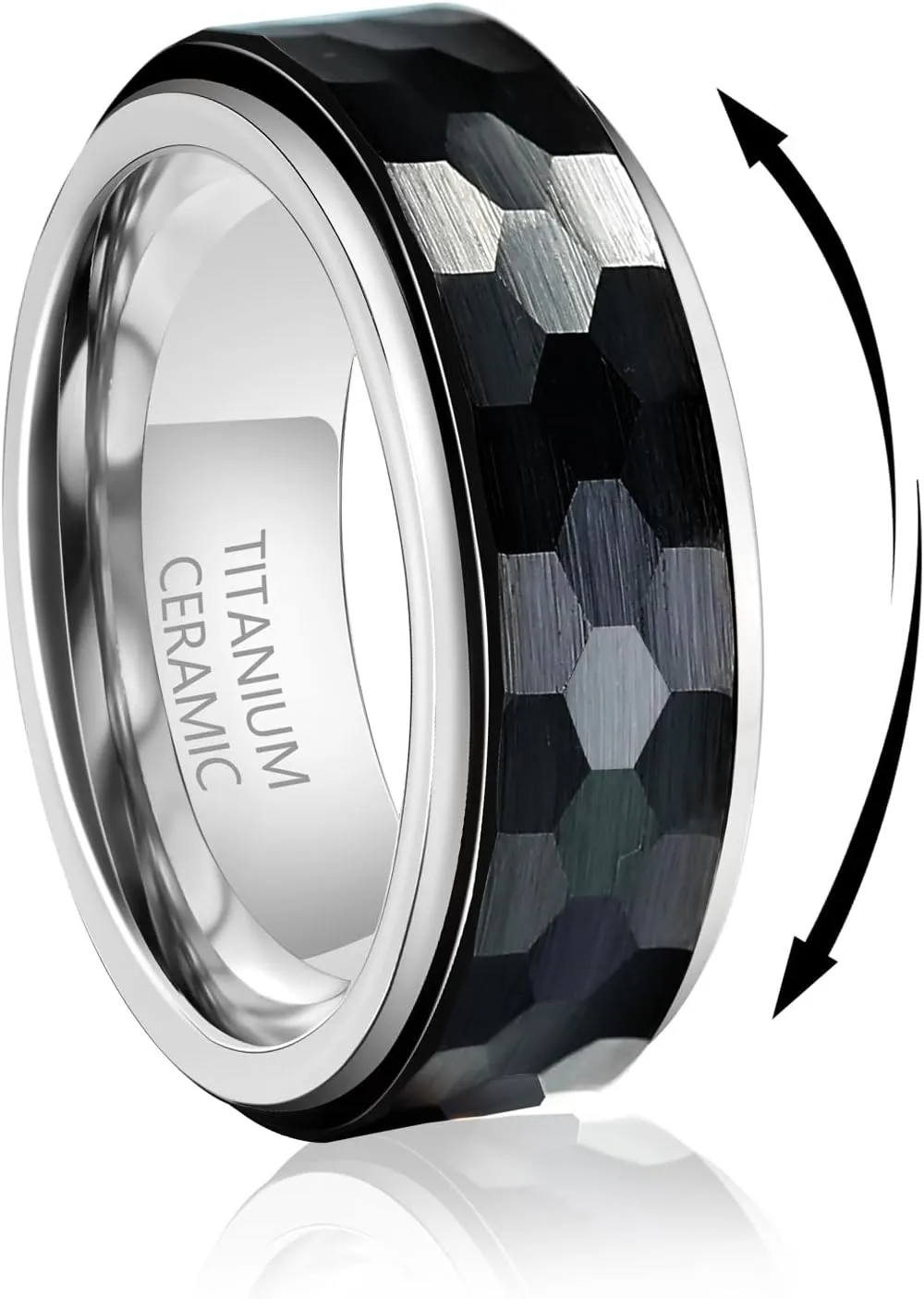 8mm Titanium Fidget Wedding Rings Black Ceramic Hammered Spinner Rings for Men Women Silver, Nickel Free Anxiety Promise Engagement Ring Finger Band Comfort fit Size 8.5