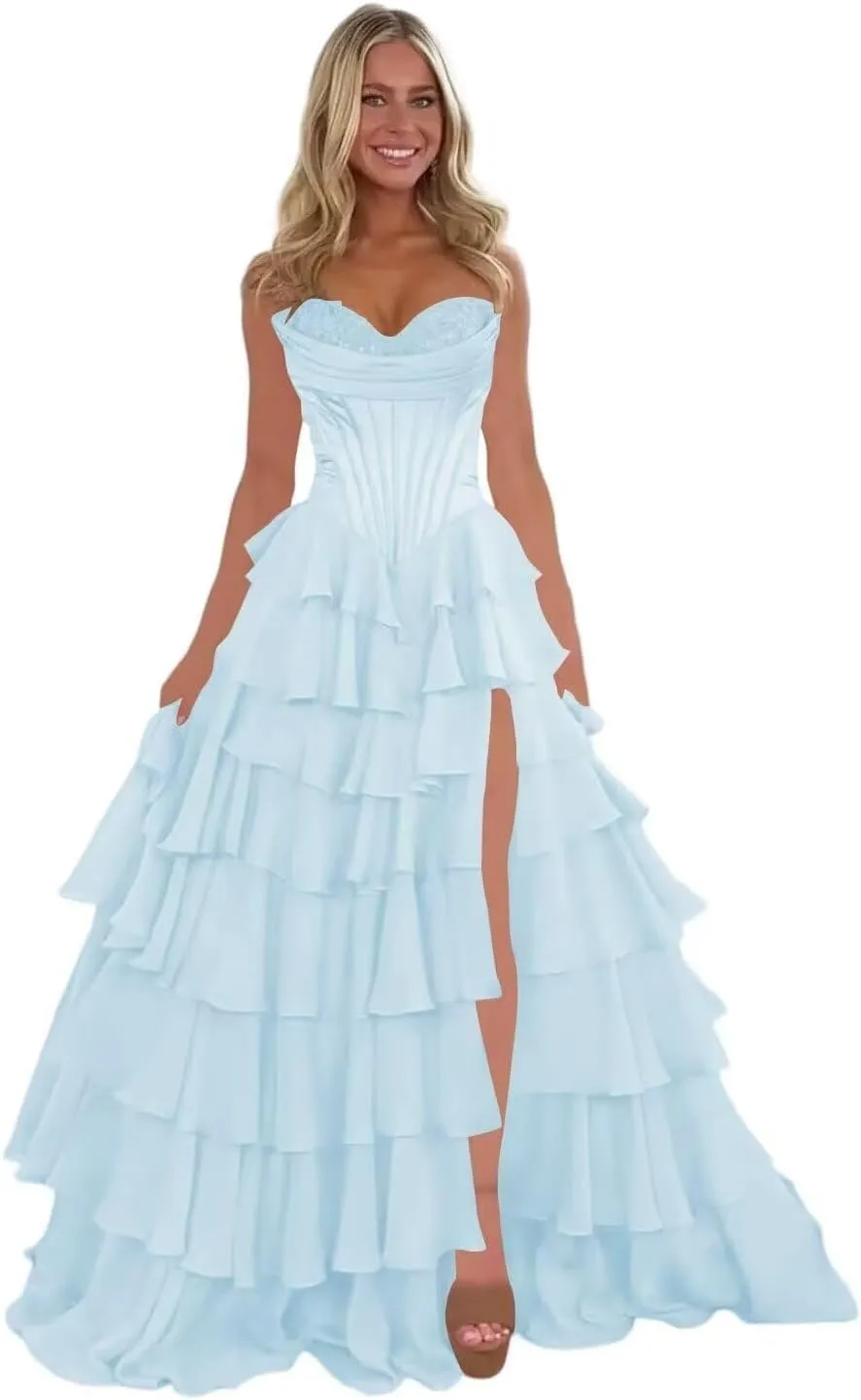 A Line Prom Dress,Chiffon Sweetheart Lace Evening Gown with Side Split Princess Tiered Women's Formal Dress