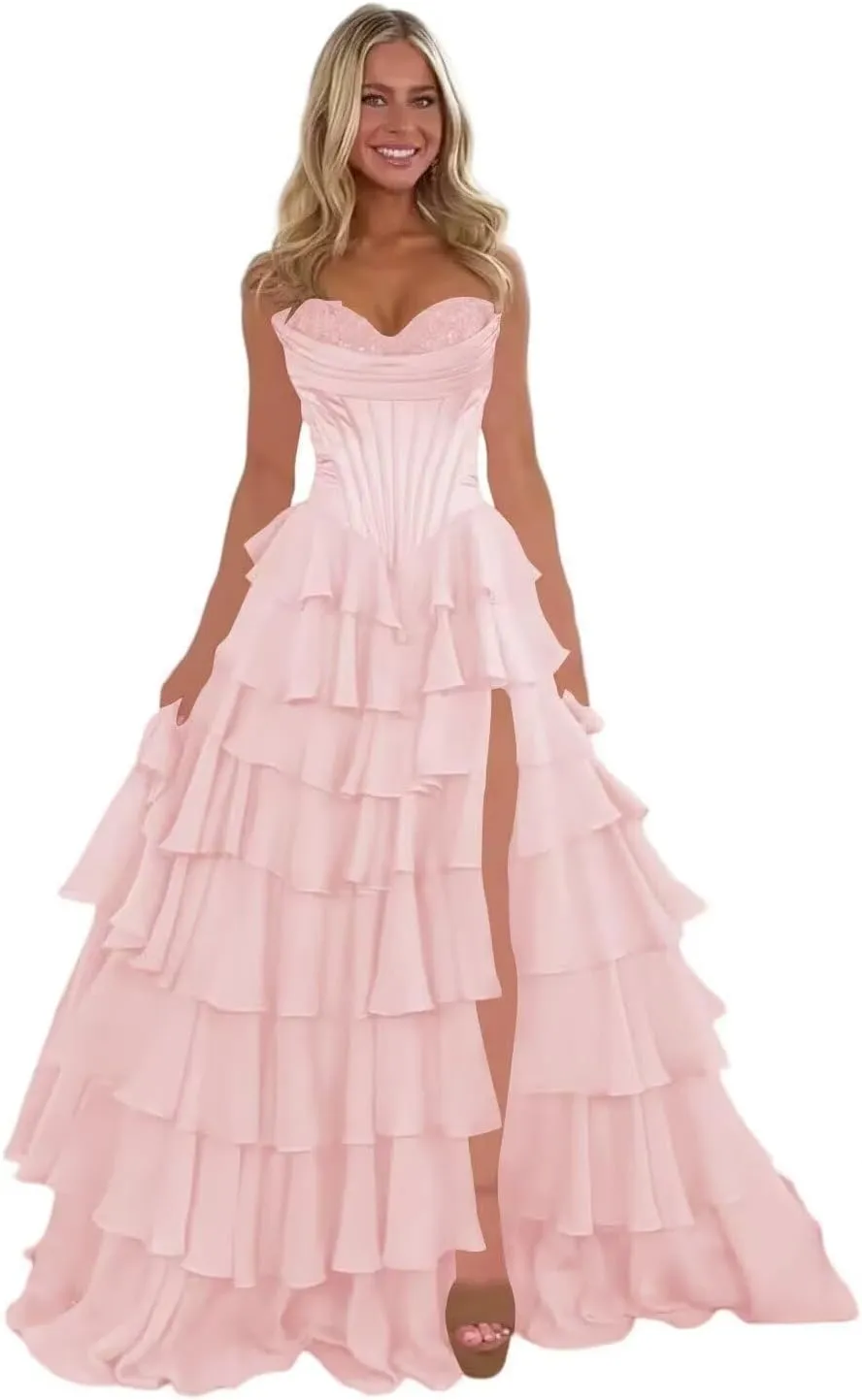 A Line Prom Dress,Chiffon Sweetheart Lace Evening Gown with Side Split Princess Tiered Women's Formal Dress