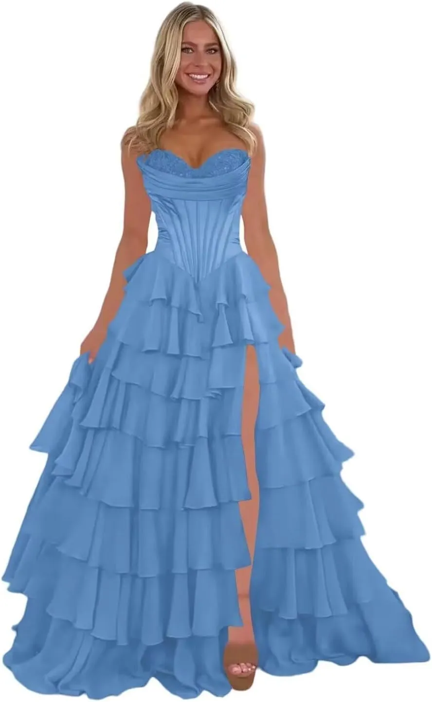 A Line Prom Dress,Chiffon Sweetheart Lace Evening Gown with Side Split Princess Tiered Women's Formal Dress