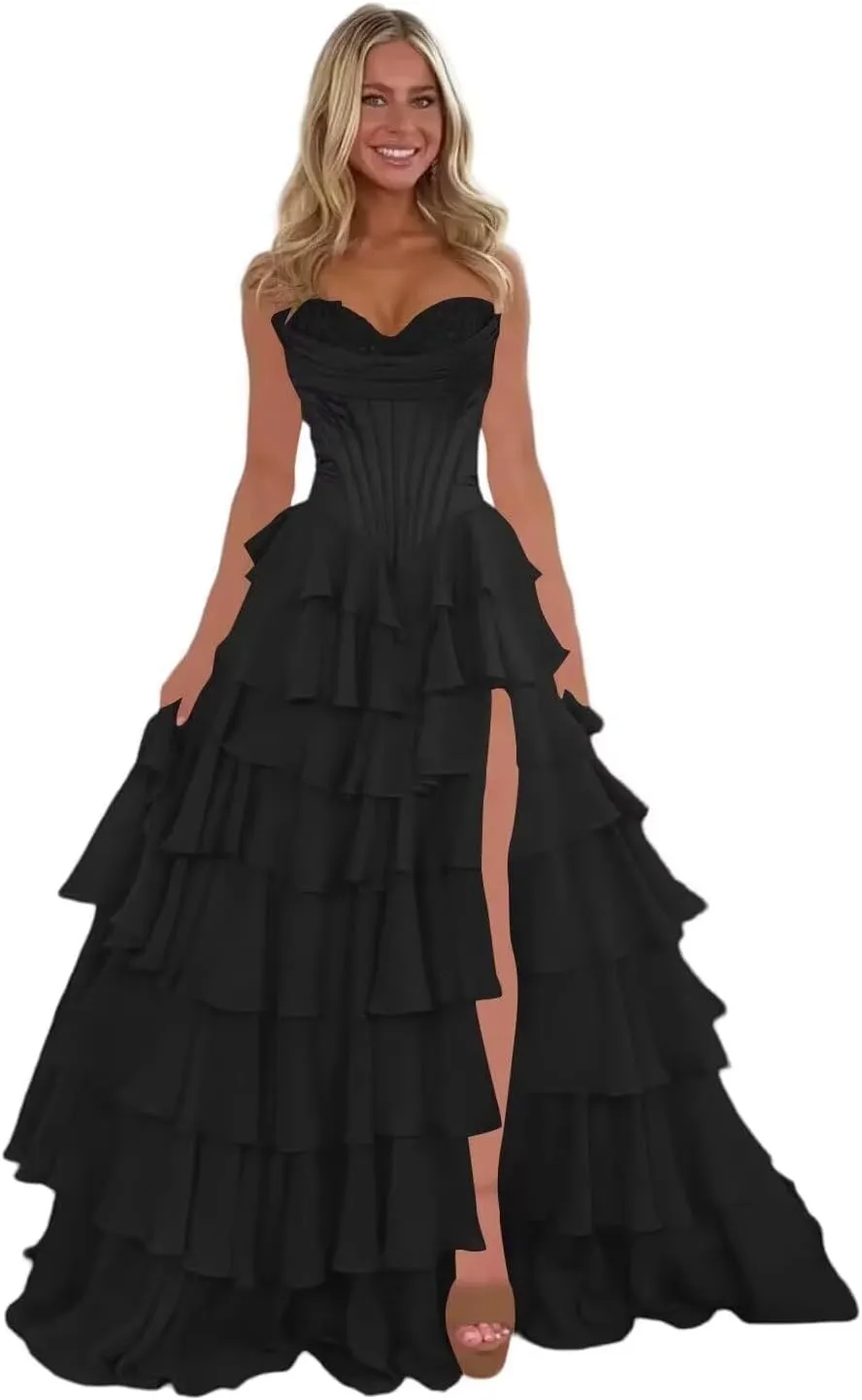 A Line Prom Dress,Chiffon Sweetheart Lace Evening Gown with Side Split Princess Tiered Women's Formal Dress