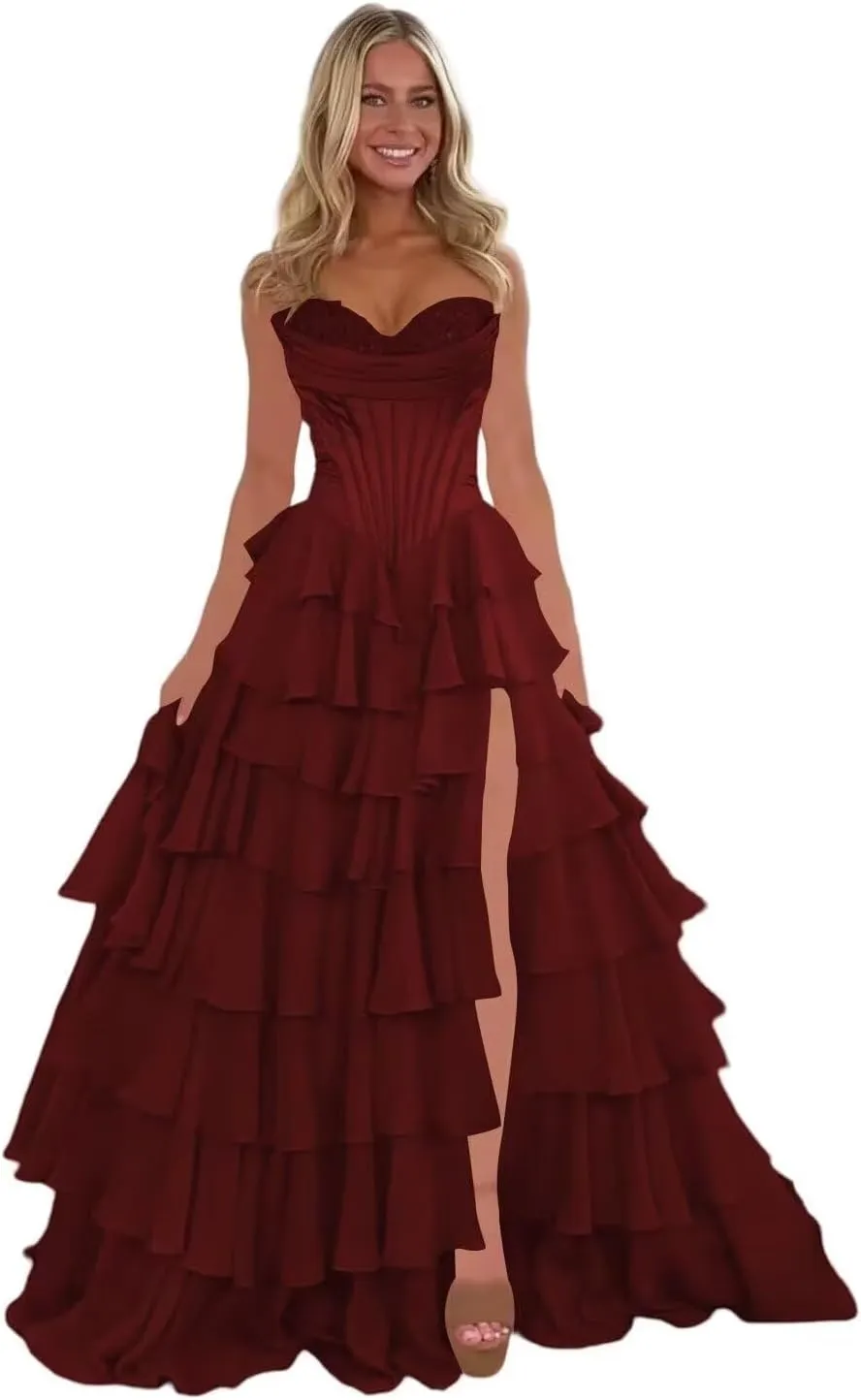 A Line Prom Dress,Chiffon Sweetheart Lace Evening Gown with Side Split Princess Tiered Women's Formal Dress