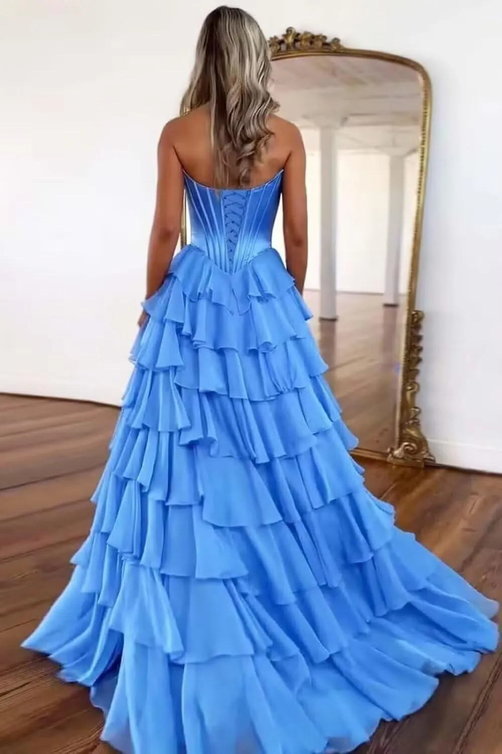 A Line Prom Dress,Chiffon Sweetheart Lace Evening Gown with Side Split Princess Tiered Women's Formal Dress