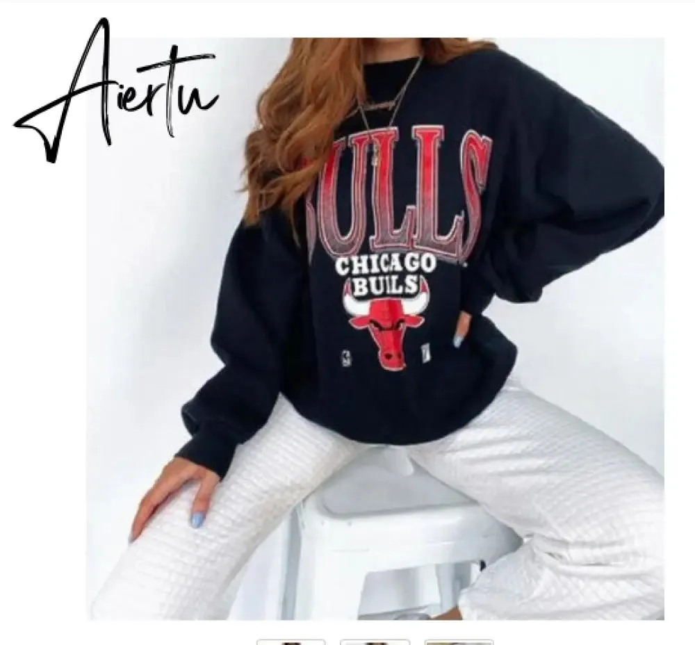Aiertu Vintage Letter Print Autumn New Thin Crewneck Sweatshirt Women Fashion Tops Loose Long Sleeve Casual Girl Plus Size French Style