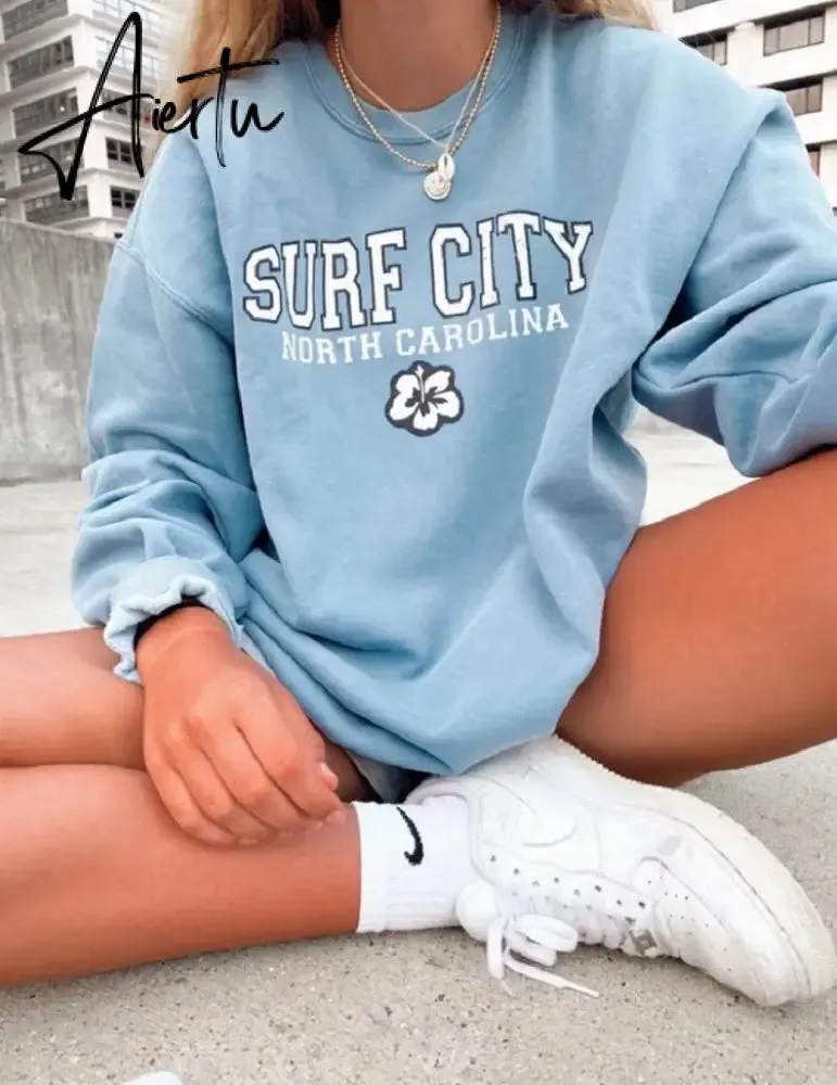 Aiertu Vintage Letter Print Autumn New Thin Crewneck Sweatshirt Women Fashion Tops Loose Long Sleeve Casual Girl Plus Size French Style