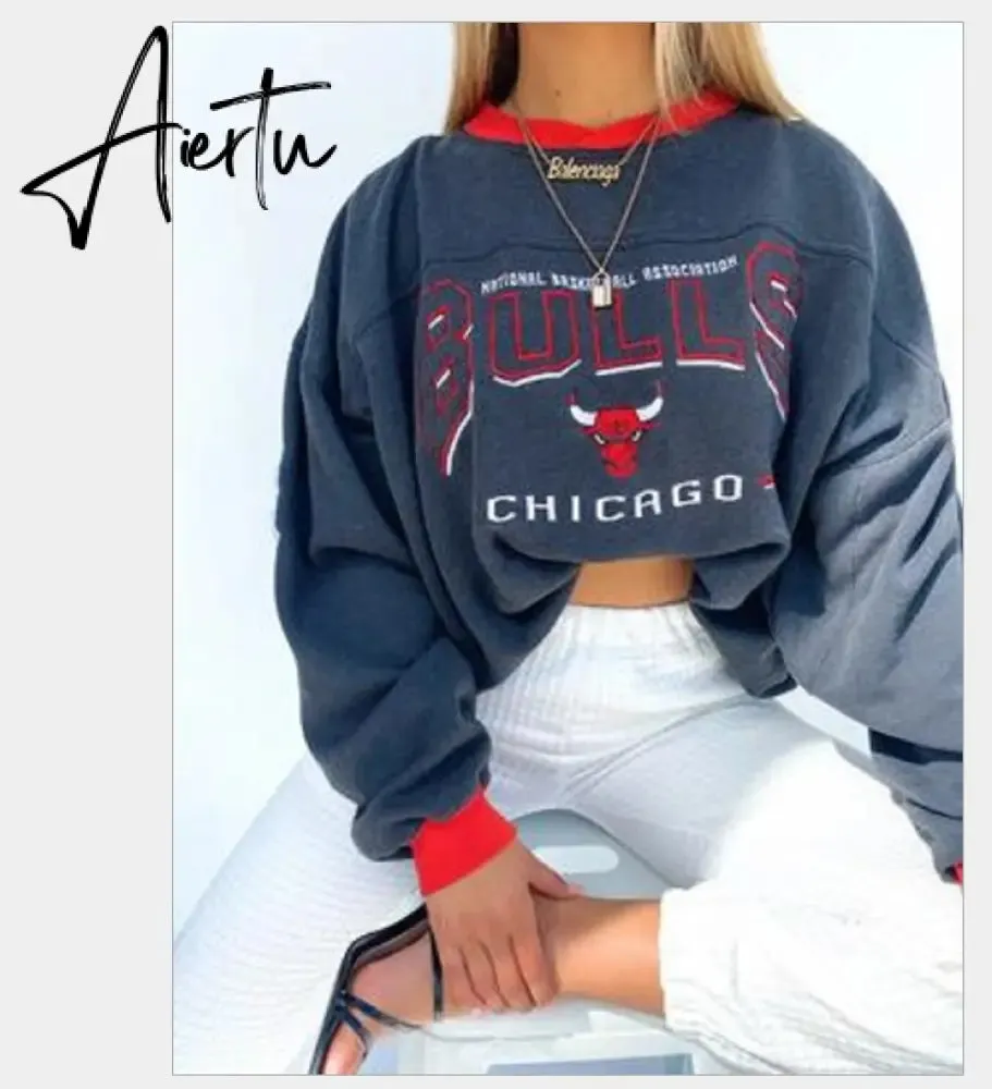 Aiertu Vintage Letter Print Autumn New Thin Crewneck Sweatshirt Women Fashion Tops Loose Long Sleeve Casual Girl Plus Size French Style