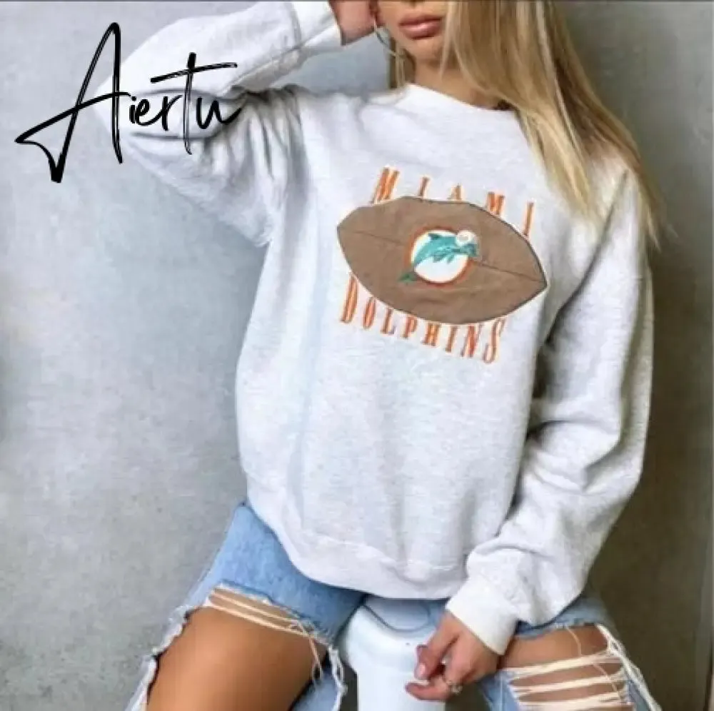 Aiertu Vintage Letter Print Autumn New Thin Crewneck Sweatshirt Women Fashion Tops Loose Long Sleeve Casual Girl Plus Size French Style