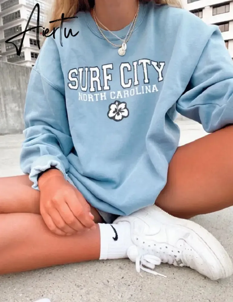 Aiertu Vintage Letter Print Autumn New Thin Crewneck Sweatshirt Women Fashion Tops Loose Long Sleeve Casual Girl Plus Size French Style