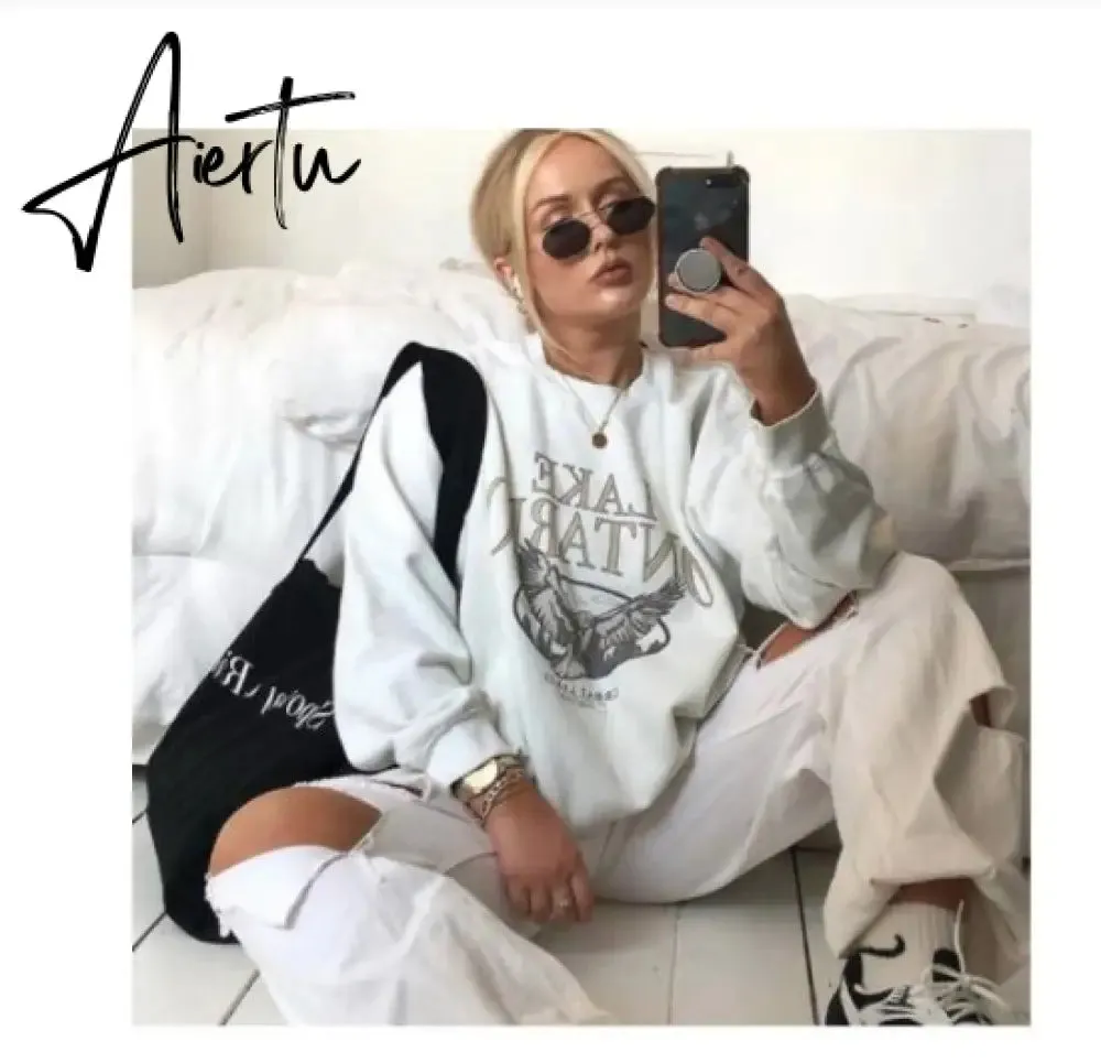 Aiertu Vintage Letter Print Autumn New Thin Crewneck Sweatshirt Women Fashion Tops Loose Long Sleeve Casual Girl Plus Size French Style