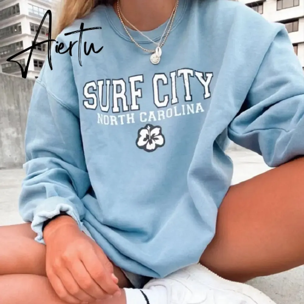 Aiertu Vintage Letter Print Autumn New Thin Crewneck Sweatshirt Women Fashion Tops Loose Long Sleeve Casual Girl Plus Size French Style