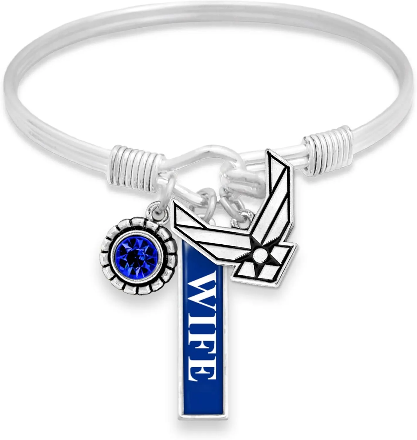 Air Force Three Charm Bangle Bracelet Silver Jewelry Choose Wife Mom or AF Charm