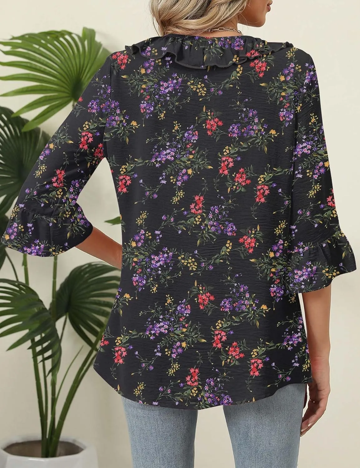 AKEWEI Womens 3/4 Length Sleeve Scoop Neck Tops Summer Tie Front Ruffle Shirts Casual Bell Sleeve Pleated Blouses 2025