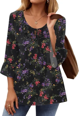 AKEWEI Womens 3/4 Length Sleeve Scoop Neck Tops Summer Tie Front Ruffle Shirts Casual Bell Sleeve Pleated Blouses 2025