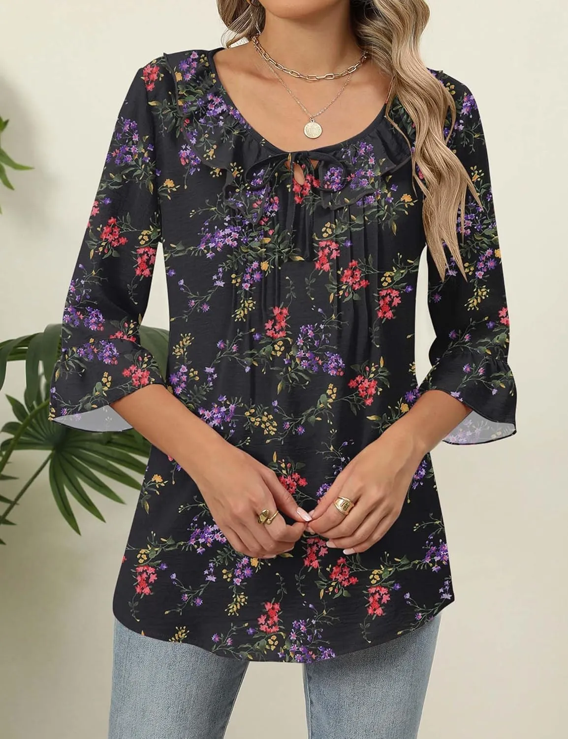 AKEWEI Womens 3/4 Length Sleeve Scoop Neck Tops Summer Tie Front Ruffle Shirts Casual Bell Sleeve Pleated Blouses 2025