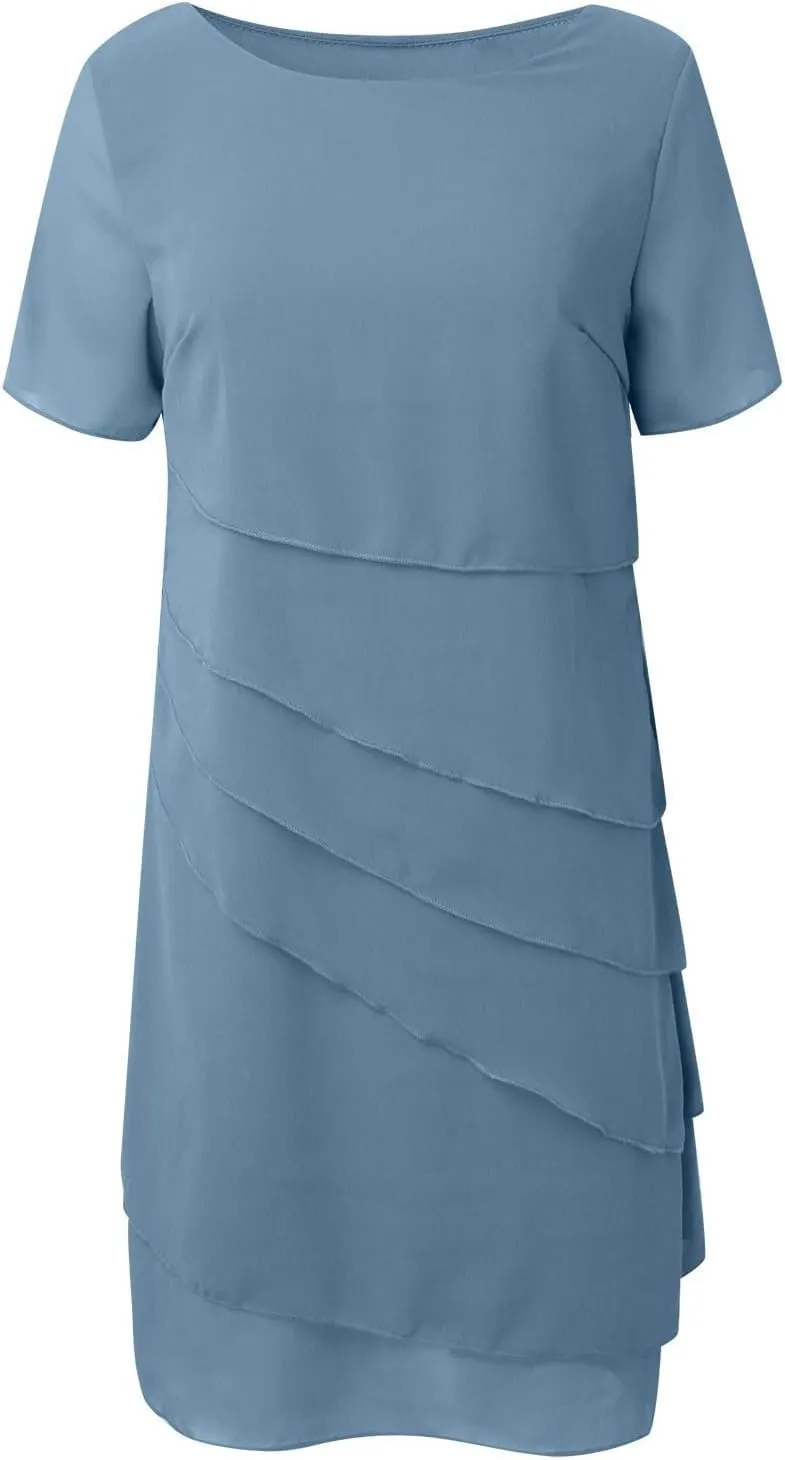 Akivide Women's Elegant Layered Chiffon Midi Dress Summer Flowy Flutter Short Sleeve Wedding Cocktail Party Dress