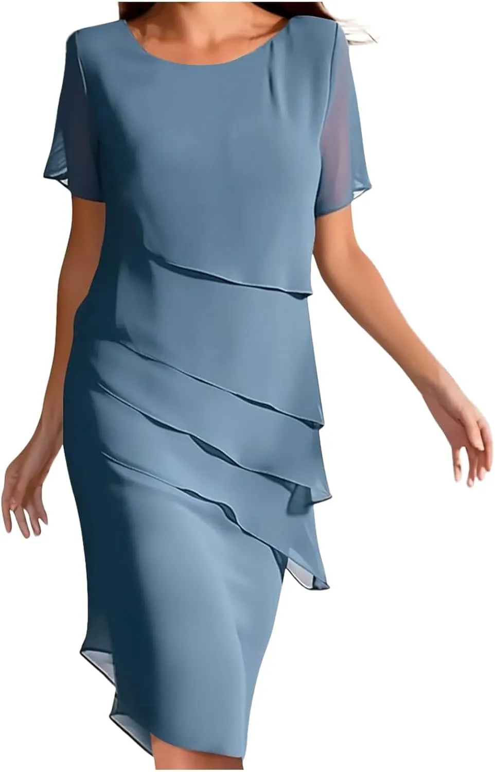 Akivide Women's Elegant Layered Chiffon Midi Dress Summer Flowy Flutter Short Sleeve Wedding Cocktail Party Dress